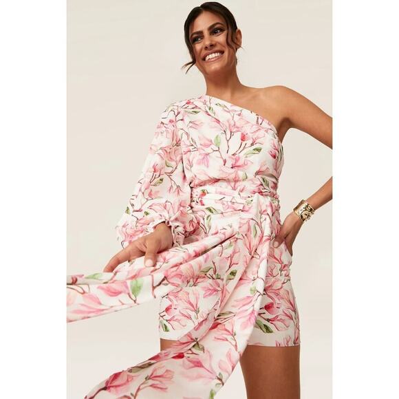 Bronx and Banco Layla Mini Dress Pink Floral One Shoulder Ruched Party Sz XS - Picture 2 of 7